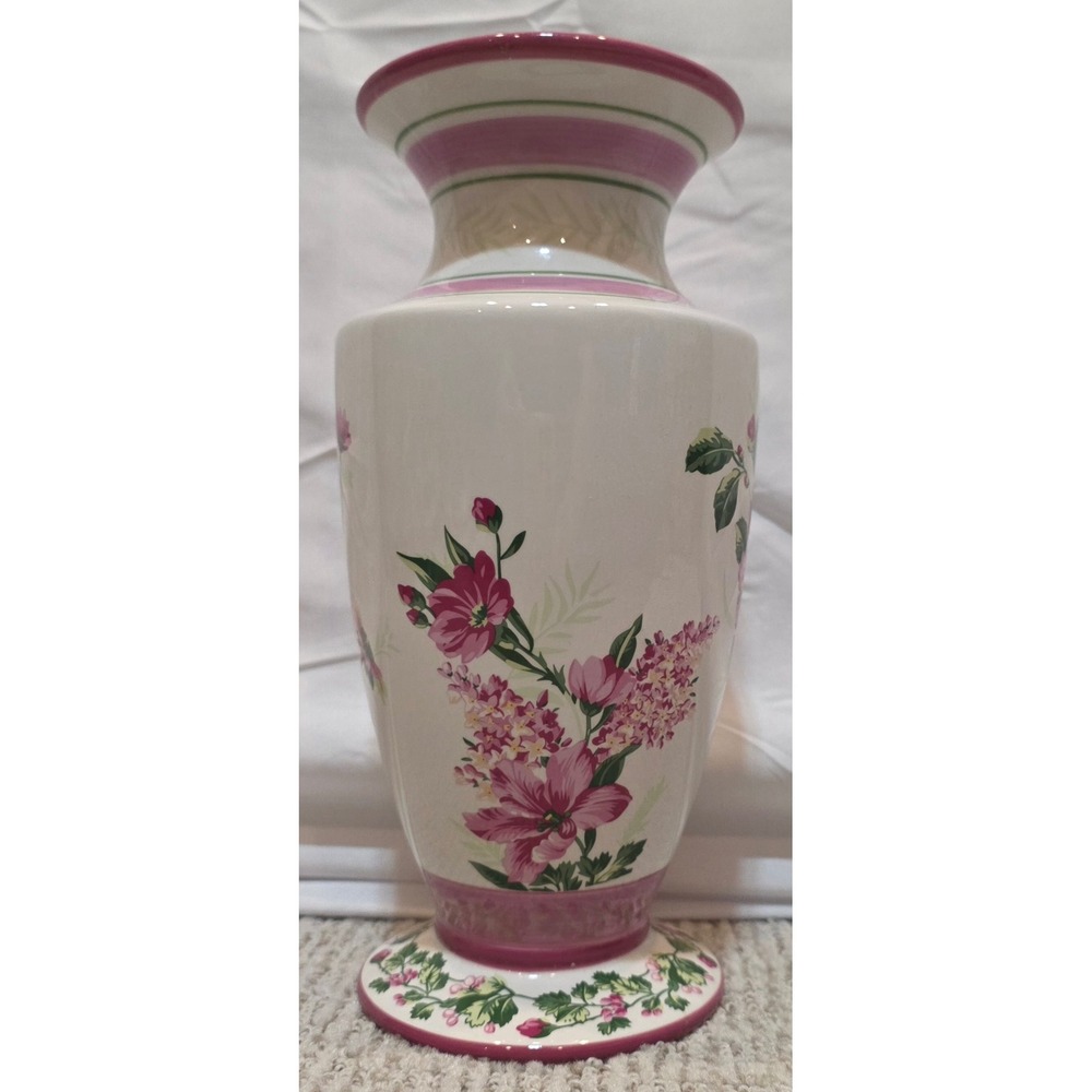 Vintage Laura Ashley Home Floral Ceramic Vase Pink Lilies Daisies Cottagecore